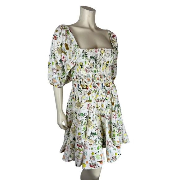 NEW Rhode Astrid Smocked Printed Dress Size L Puff Sleeve Picnic White Pleat - Picture 2 of 12